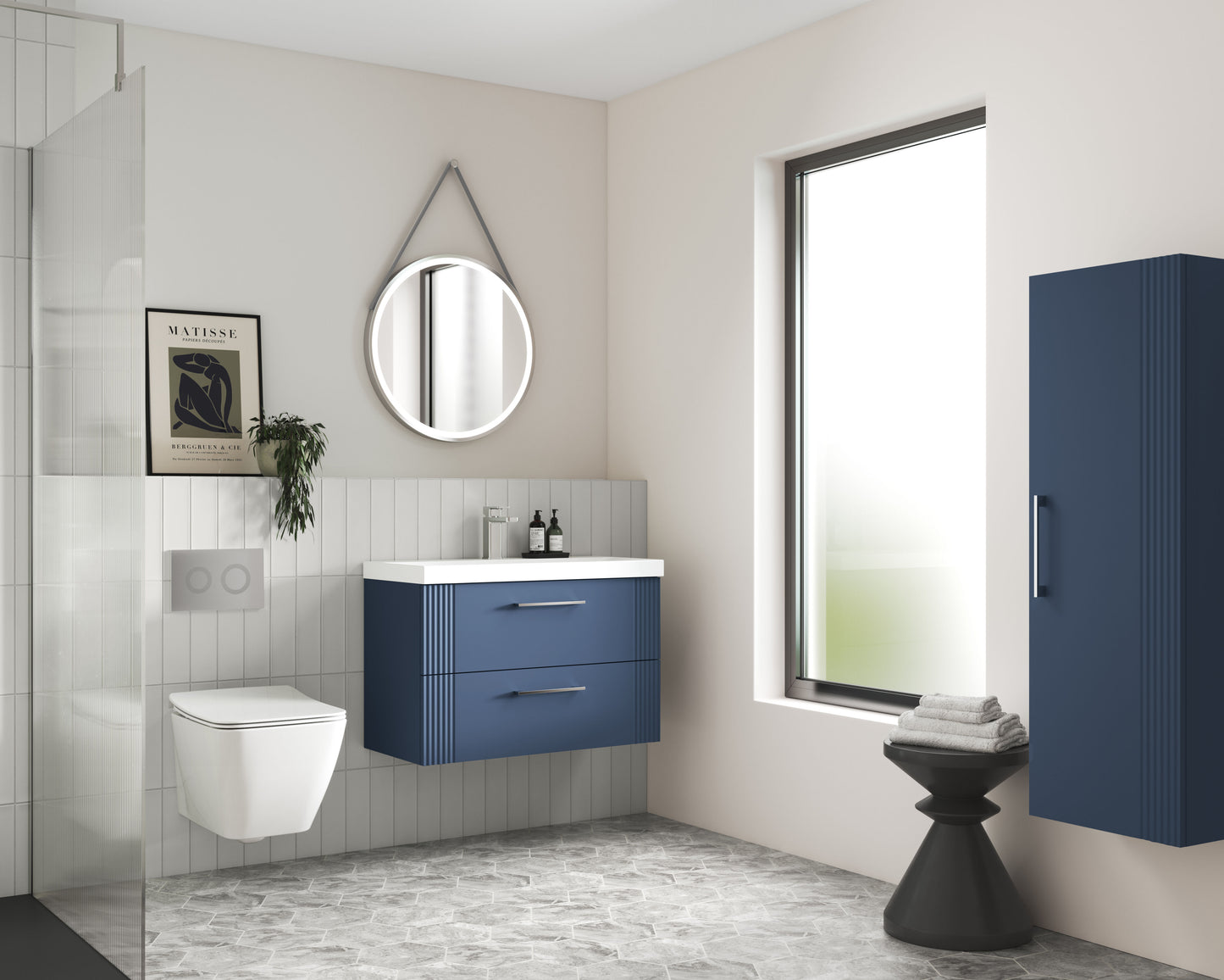 Nuie Deco 500mm Satin Blue Wall Hung 2-Drawer Vanity Unit & Polymarble Basin With Chrome Handles