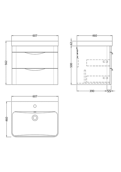 Balterley Wave Modern Bathroom Wall Hung 2 Drawer Thin Edge Vanity Unit Basin, Gloss White, 590mm