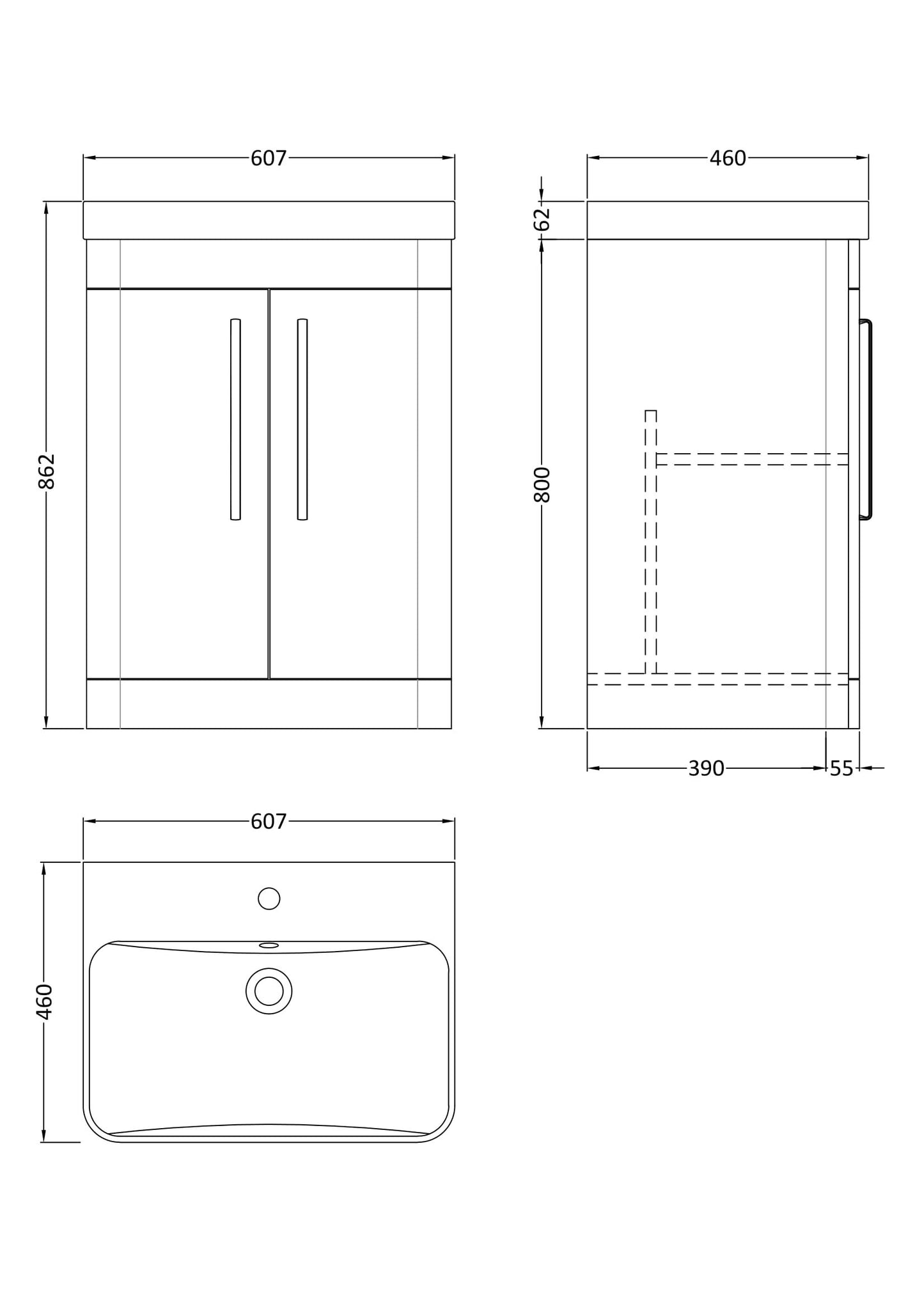 Nuie Parade 600mm Gloss White Floor Standing 2 Door Vanity Basin Unit, Soft Close