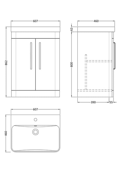 Nuie Parade 600mm Gloss White Floor Standing 2 Door Vanity Basin Unit, Soft Close