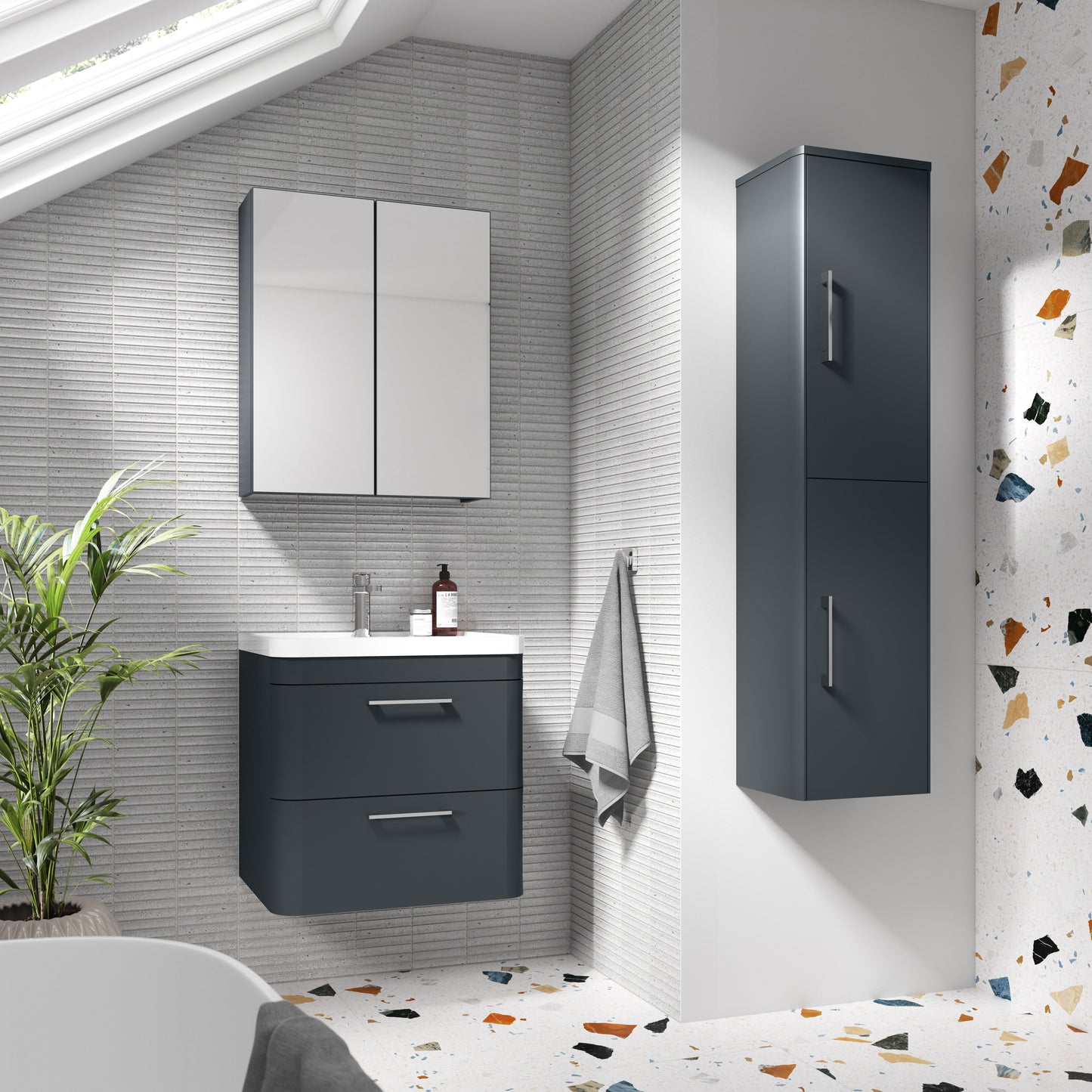 Balterley Wave Contemporary Wall Hung 2 Drawer Bathroom Vanity Unit & Polymarble Basin, Dark Grey, 755mm