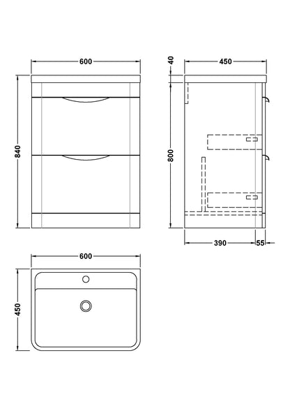 Balterley Wave Contemporary Floor Standing 2 Drawer Bathroom Vanity Unit & Polymarble Basin, Satin Green, 600mm