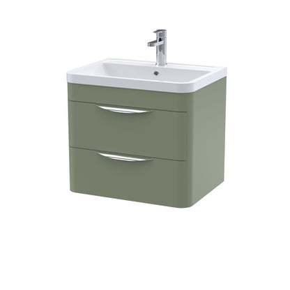 Balterley Wave Contemporary Wall Hung 2 Drawer Bathroom Vanity Unit & Ceramic Basin, Satin Green, 610mm