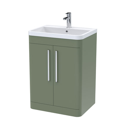 Balterley Wave Contemporary Floor Standing 2 Door Bathroom Vanity Unit & Polymarble Basin, Satin Green, 600mm