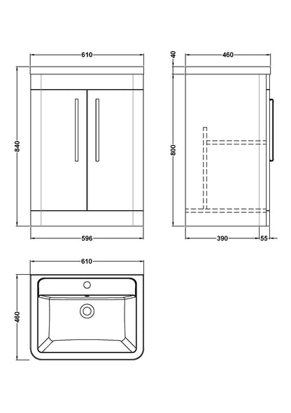 Balterley Wave Contemporary Floor Standing 2 Door Bathroom Vanity Unit & Ceramic Basin, Satin Green, 610mm