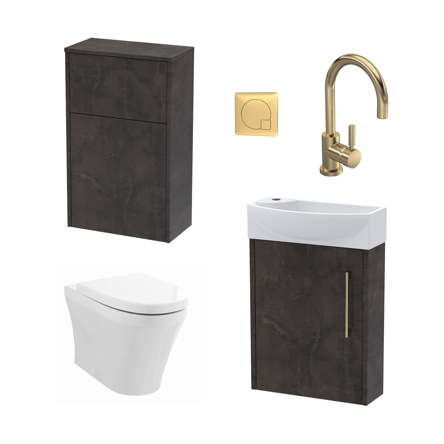 Nuie Deco 440mm Graphite Grey Woodgrain Right Hand Wall Hung Vanity Basin Unit, WC Unit, Back to Wall Toilet Pan, Soft Close Toilet Seat, Basin Mixer Tap, Concealed Cistern and Push Button