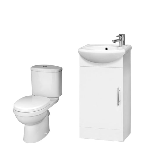 Nuie Deco 400mm Gloss White Floor Standing Vanity Basin Unit Grey, Toilet Pan, Cistern, and Soft Close Toilet Seat