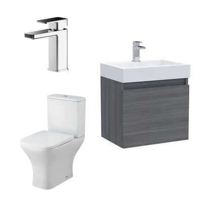 Nuie Deco 500mm Anthracite Woodgrain 500mm Width Wall Hung 1-Door Vanity Basin Unit, Hinge and Fixings, Rectangular L-Shape Basin, P Trap Toilet Pan, Soft Close Square Toilet Seat, Plastic Chrome Plated Cistern, Basin Mixer Tap and Waste