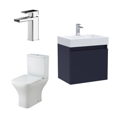 Nuie Deco 500mm Midnight Blue Wall Hung Vanity Basin Unit, Tap, Toilet, and Soft Close Toilet Seat