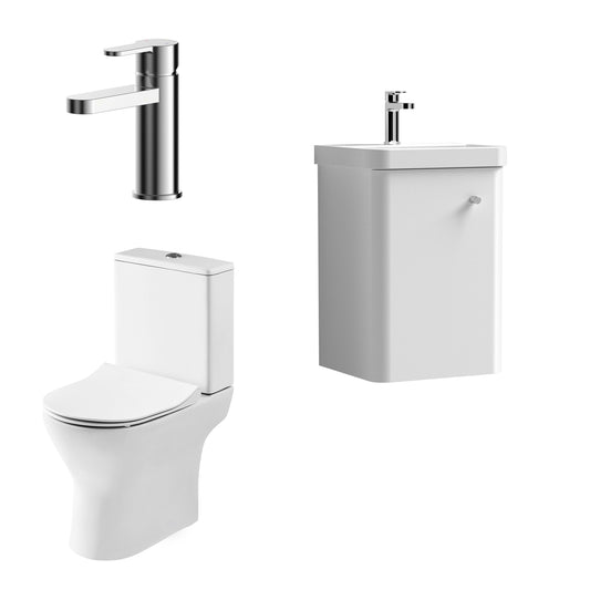 Nuie Deco 379mm Gloss White Wall Hung Vanity Basin Unit, Tap, Toilet, and Soft Close Toilet Seat
