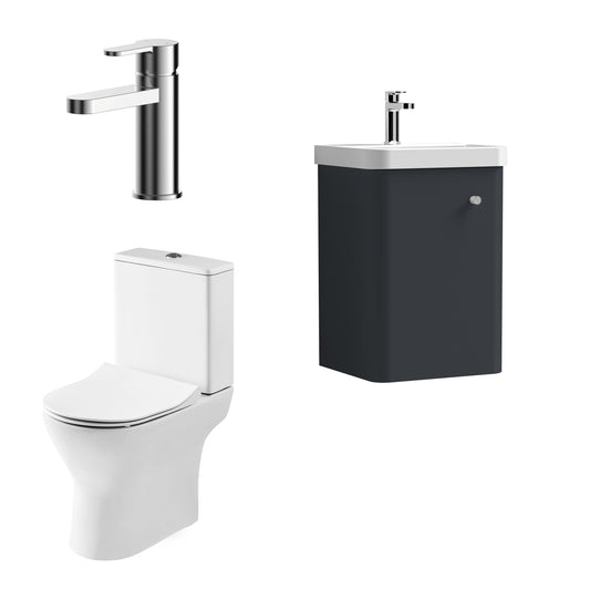Nuie Deco 379mm Soft Black Wall Hung Vanity Basin Unit, Tap, Toilet, and Soft Close Toilet Seat