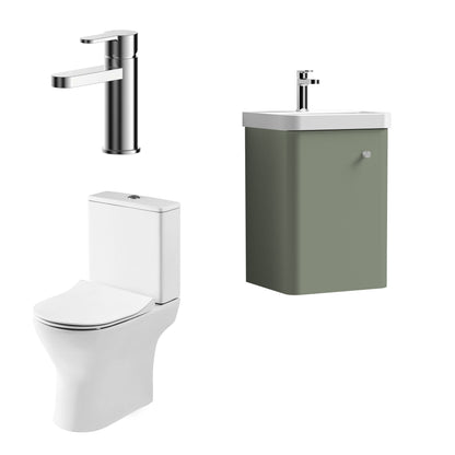 Nuie Deco 379mm Satin Green 400mm Width Wall Hung 1-Door Vanity Basin Unit Green, Knob Handle, Hinge and Fixings, 400mm Thin Edge Basin, P Trap Toilet Pan, Soft Close Round Toilet Seat, Plastic Chrome Plated Cistern, Basin Mixer Tap and Waste