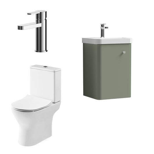 Nuie Deco 379mm Satin Green 400mm Width Wall Hung 1-Door Vanity Basin Unit Green, Knob Handle, Hinge and Fixings, 400mm Thin Edge Basin, P Trap Toilet Pan, Soft Close Round Toilet Seat, Plastic Chrome Plated Cistern, Basin Mixer Tap and Waste