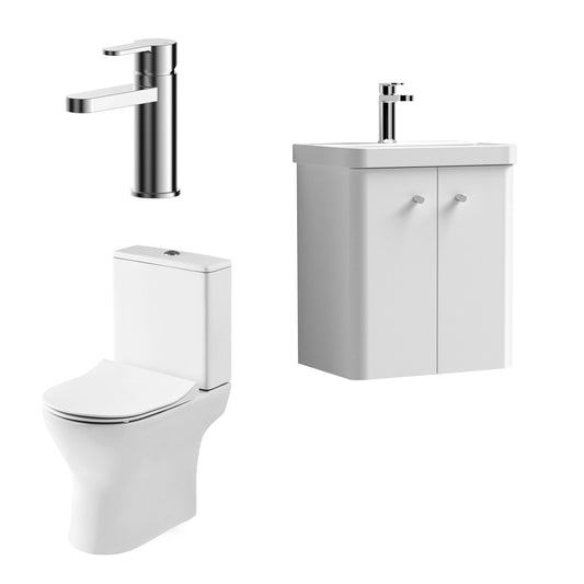 Nuie Deco 479mm Gloss White Wall Hung Vanity Basin Unit, Tap, Toilet, and Soft Close Toilet Seat