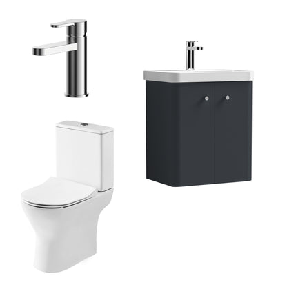 Nuie Deco 479mm Soft Black Wall Hung Vanity Basin Unit, Tap, Toilet, and Soft Close Toilet Seat