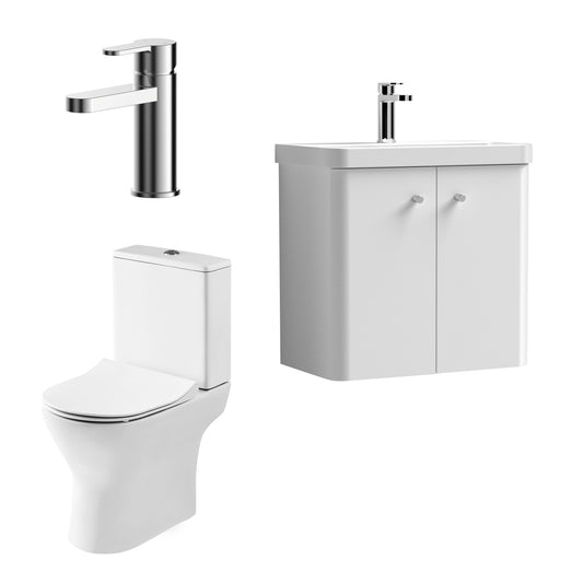 Nuie Deco 579mm Gloss White Wall Hung Vanity Basin Unit, Tap, Toilet, and Soft Close Toilet Seat