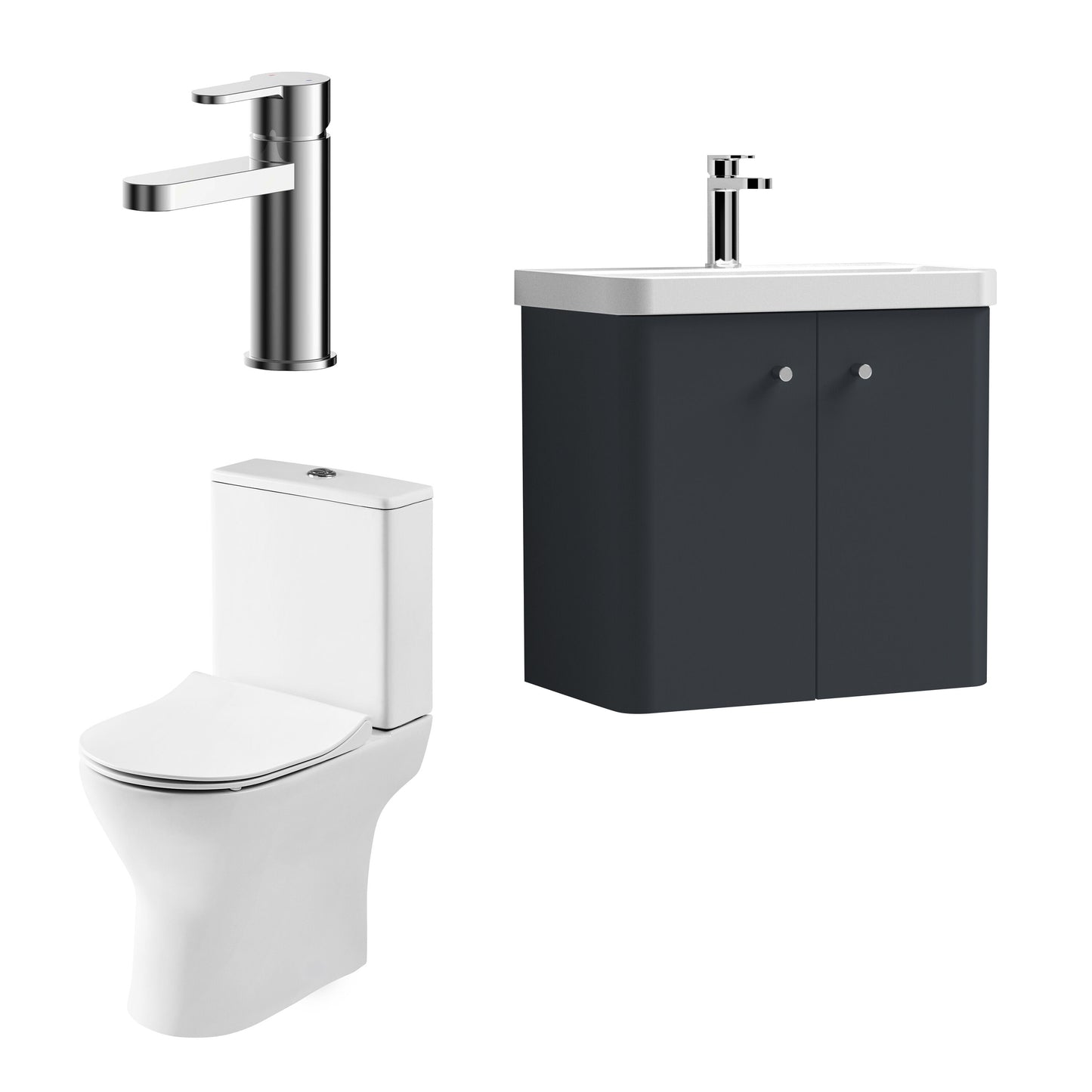Nuie Deco 579mm Soft Black Wall Hung Vanity Basin Unit, Tap, Toilet, and Soft Close Toilet Seat