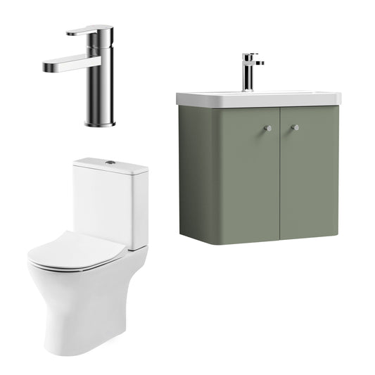 Nuie Deco 579mm Satin Green Wall Hung Vanity Basin Unit, Tap, Toilet, and Soft Close Toilet Seat