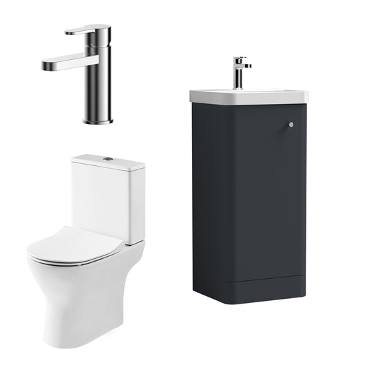 Balterley Contemporary Floor Standing 1 Door Bathroom Vanity Unit, Basin, Tap & Toilet Pack, Dark Grey, 379mm