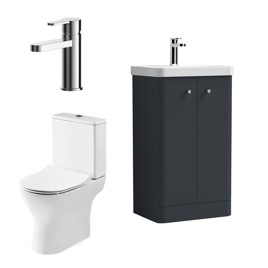Balterley Contemporary Floor Standing 2 Door Bathroom Vanity Unit, Basin, Tap & Toilet Pack, Dark Grey, 479mm