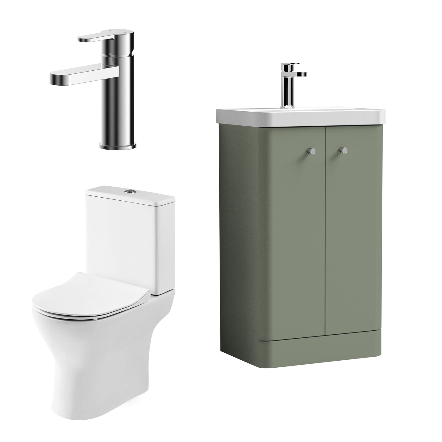 Balterley Contemporary Floor Standing 2 Door Bathroom Vanity Unit, Basin, Tap & Toilet Pack, Satin Green, 479mm