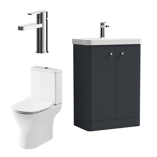 Balterley Contemporary Floor Standing 2 Door Bathroom Vanity Unit, Basin, Tap & Toilet Pack, Dark Grey, 579mm