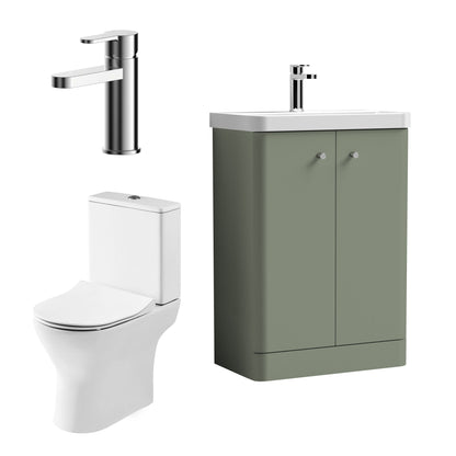 Nuie Deco 579mm Satin Green Floor Standing Vanity Basin Unit, Tap, Toilet, and Soft Close Toilet Seat
