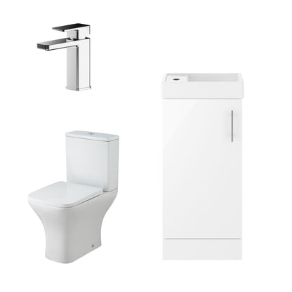 Nuie 400mm Gloss White Floor Standing Unit With Toilet, Basin, Tap, Soft Close Seat & Waste