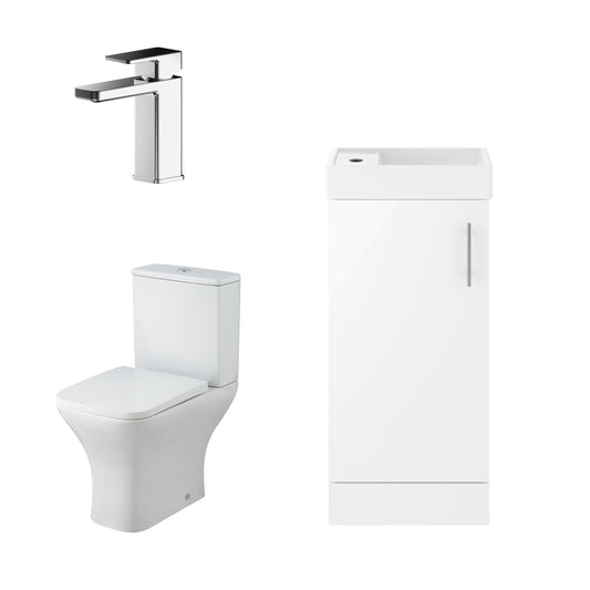 Nuie 400mm Gloss White Floor Standing Unit With Toilet, Basin, Tap, Soft Close Seat & Waste