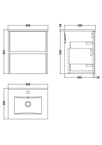 Nuie 500mm Graphite Grey Woodgrain Wall Hung 2 Drawer Vanity Unit with Basin