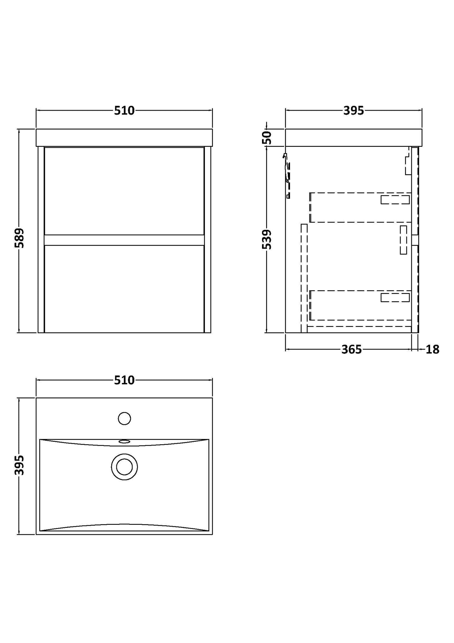 Nuie Havana 500mm Wall Hung 2 Drawer Vanity Unit With Thin-Edge Ceramic Basin