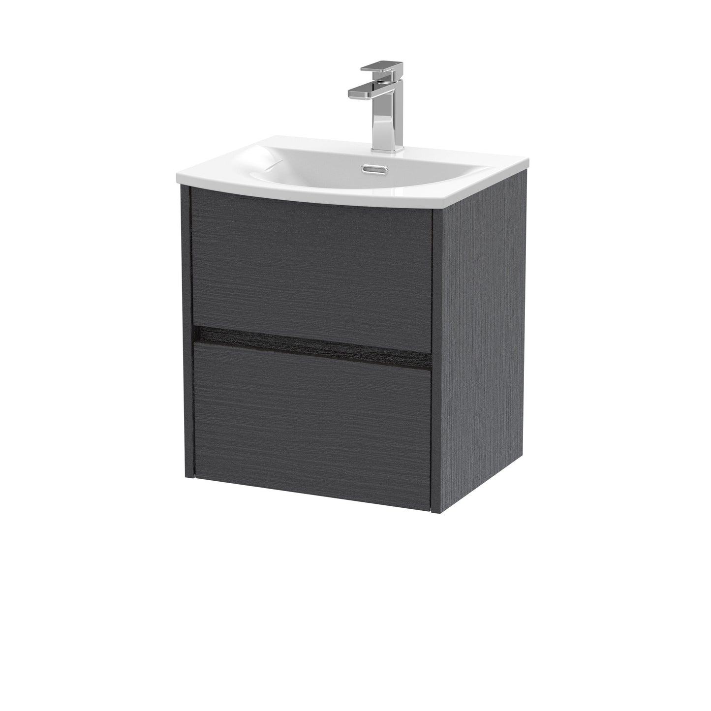 Nuie Havana 500mm Graphite Grey Woodgrain Wall Hung 2 Drawer Vanity Basin Unit With Curved Ceramic Basin