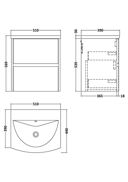 Nuie Havana 500mm Graphite Grey Woodgrain Wall Hung 2 Drawer Vanity Basin Unit With Curved Ceramic Basin