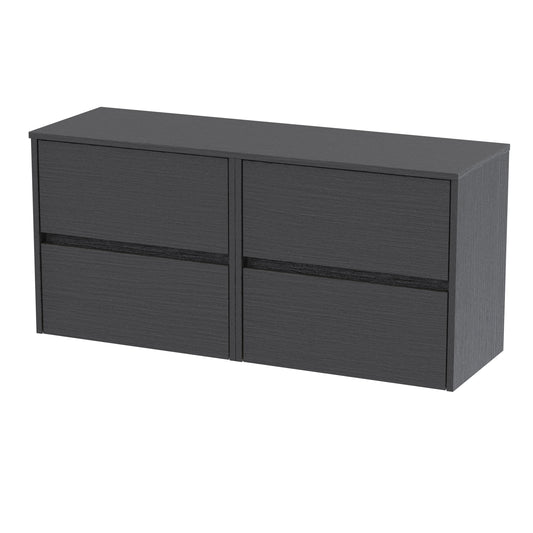 Nuie 1205mm Graphite Grey Woodgrain Handleless Wall Hung 4 Drawer Unit With Colour Match Worktop
