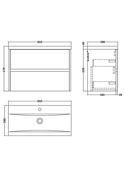 Nuie Havana Wall Hung 800mm Graphite Grey Woodgrain 2 Drawer Vanity Unit with Basin