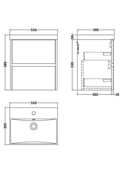 Nuie Havana 500mm Coastal Grey Wall Hung 2 Drawer Vanity Unit with Thin-Edge Basin