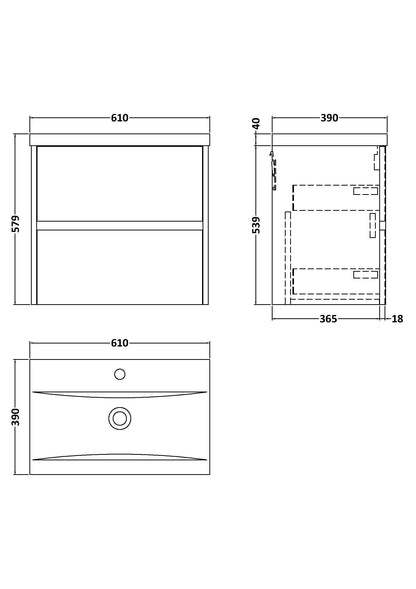Nuie Havana 600mm Midnight Blue Wall Hung 2-Drawer Unit & Basin