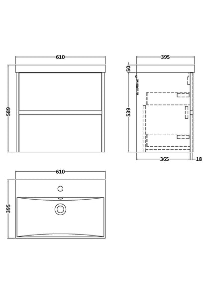 Nuie Havana 600mm Midnight Blue Wall Hung 2-Drawer Unit & Basin