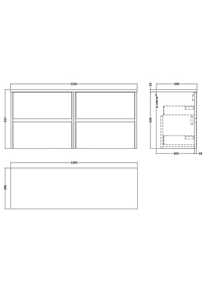 Nuie Havana 1200mm Midnight Blue Wall Hung Handleless 4-Drawer Unit With Laminate Worktop