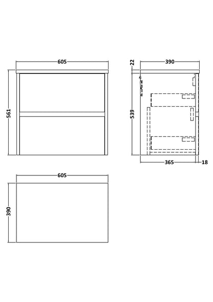 Nuie Havana 600mm Wall Hung 2-Drawer Unit With Laminate Worktop