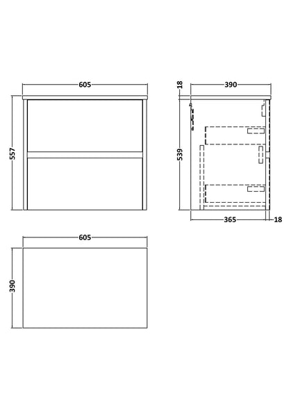 Nuie Havana 600mm Wall Hung 2-Drawer Unit & Worktop