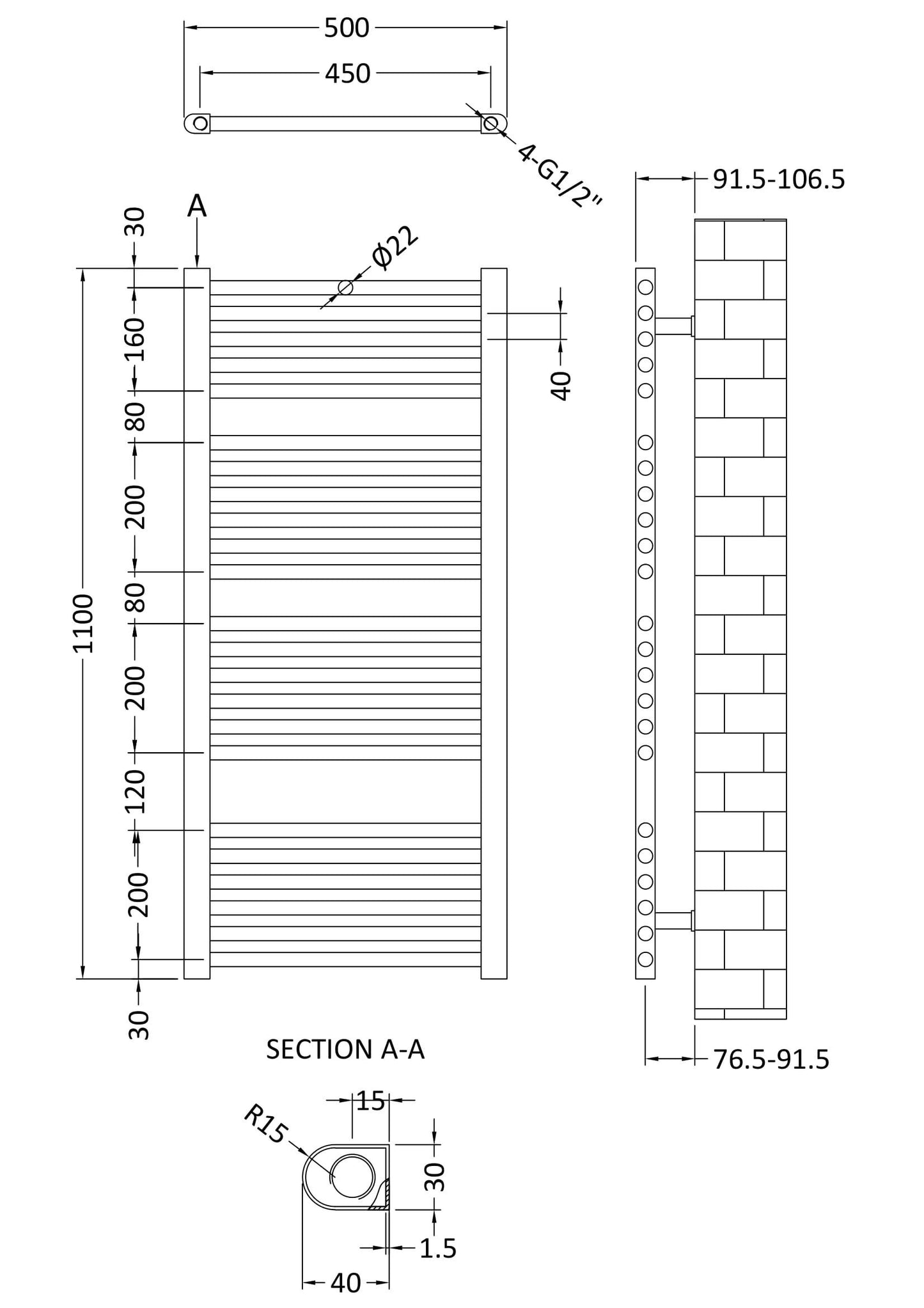 Nuie 1150mm x 500mm Chrome Vertical Ladder Rail
