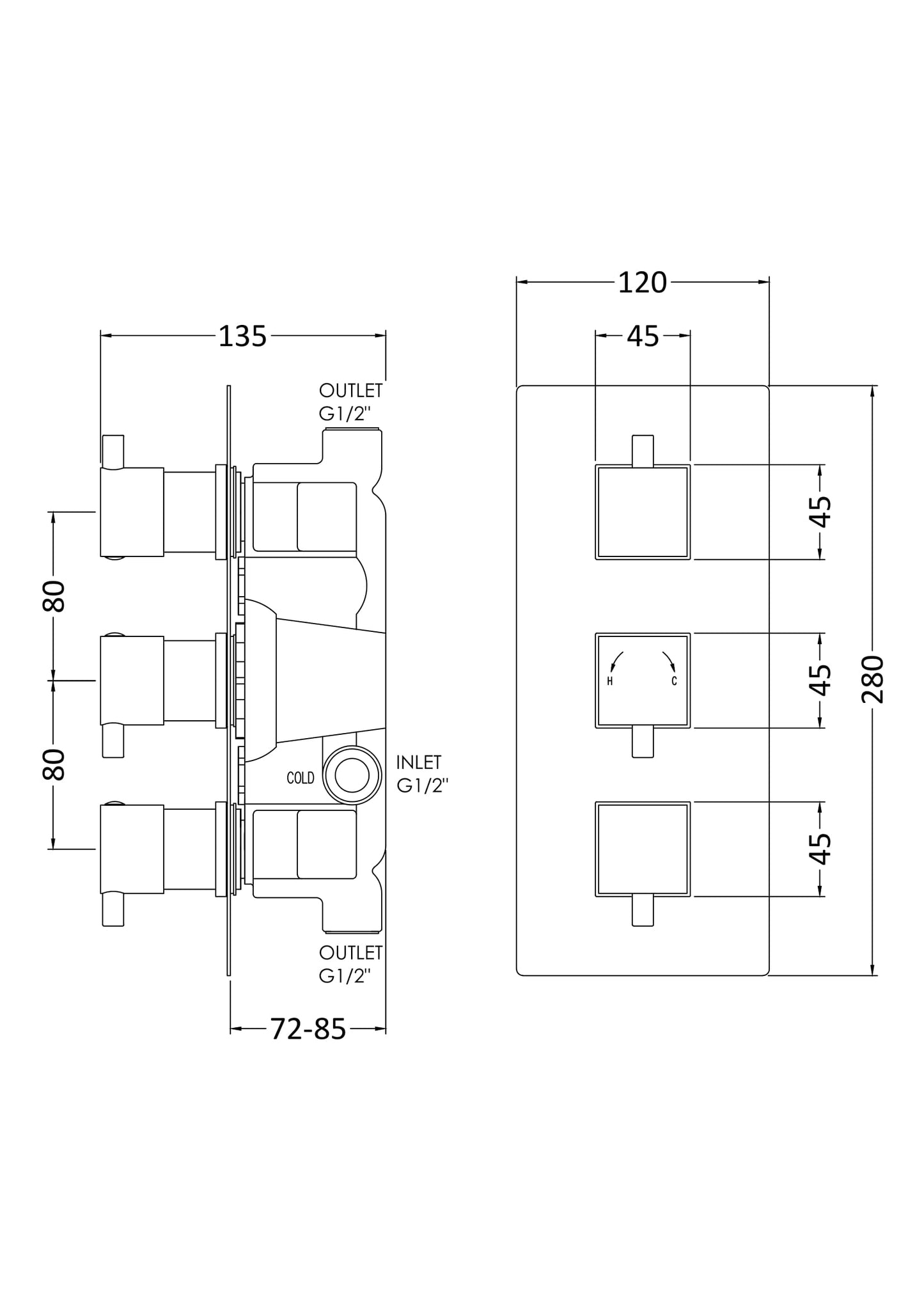 Square Showers Triple Thermostatic Shower Valve