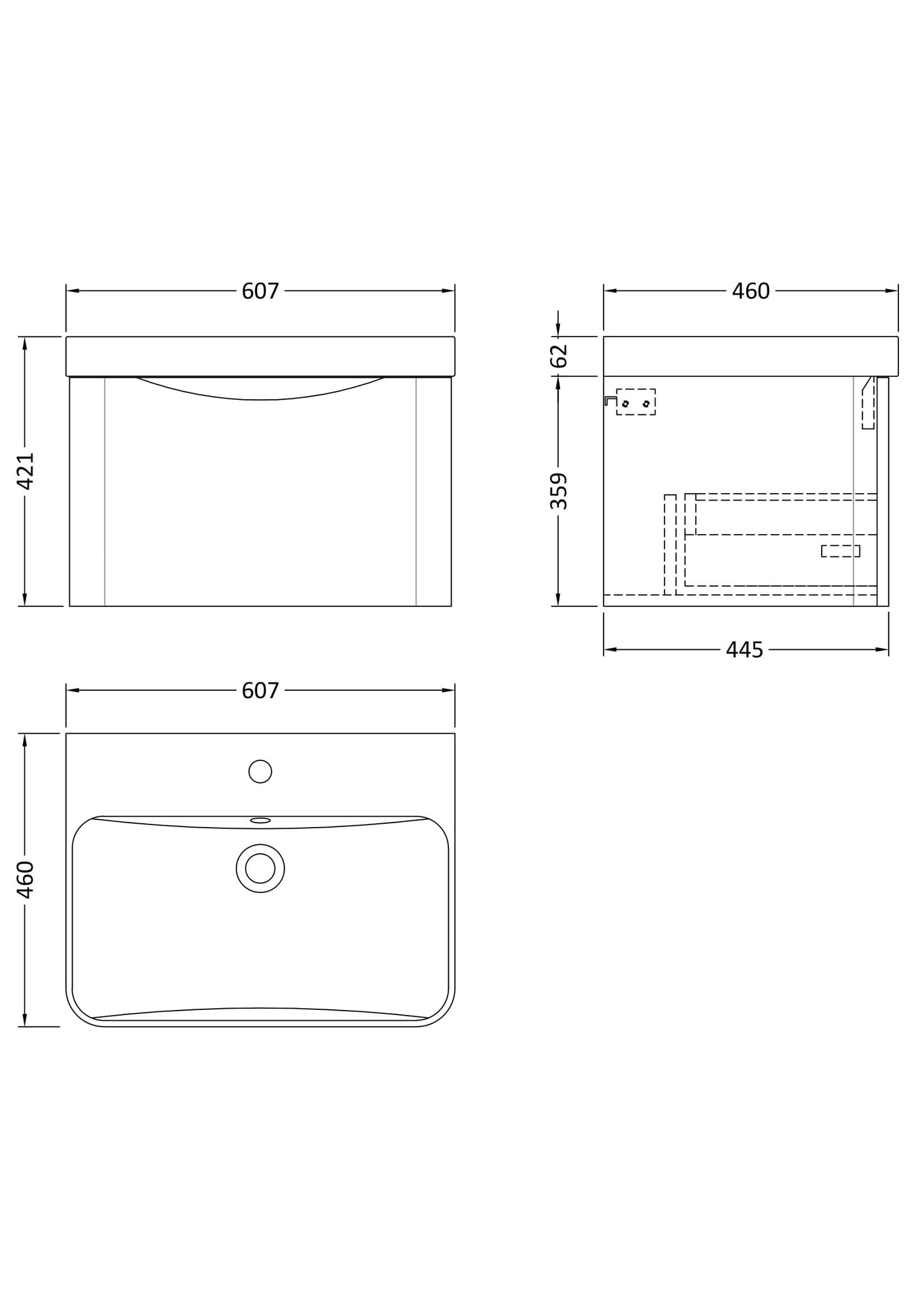 Nuie Lunar 600mm Wall Hung 1 Drawer Vanity Unit Including Basin