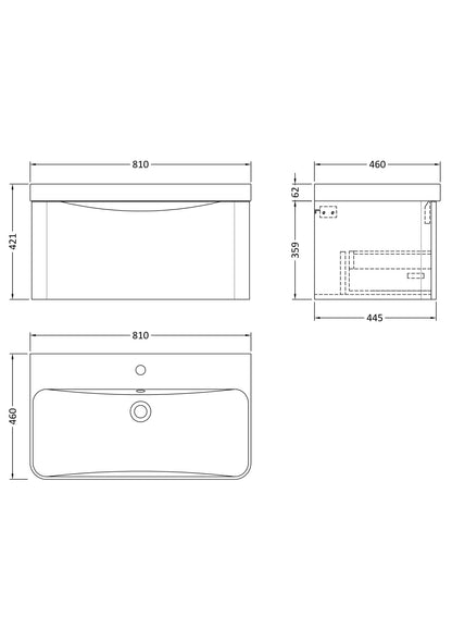 Nuie Lunar 800mm Wall Hung 1 Drawer Unit & Ceramic Basin with Soft Close Drawer, 1 Tap Hole