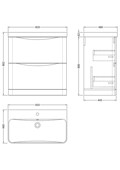 Nuie Lunar 800mm Floor Standing 2 Drawer Vanity Unit With Ceramic Basin