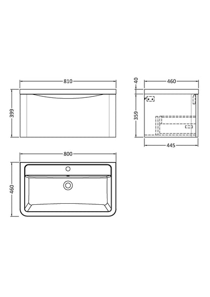 Nuie Lunar 800mm Wall Hung 1 Drawer Unit with Ceramic Basin