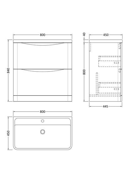 Nuie Lunar 800mm Satin Blue Floor Standing 2 Drawer Vanity Unit With Basin