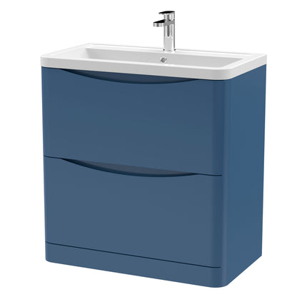 Nuie Lunar 800mm Satin Blue Floor Standing 2 Drawer Vanity Unit With Ceramic Basin