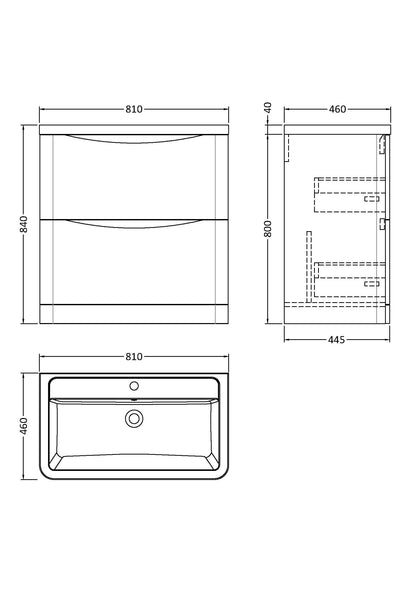 Nuie Lunar 800mm Satin Blue Floor Standing 2 Drawer Vanity Unit With Ceramic Basin